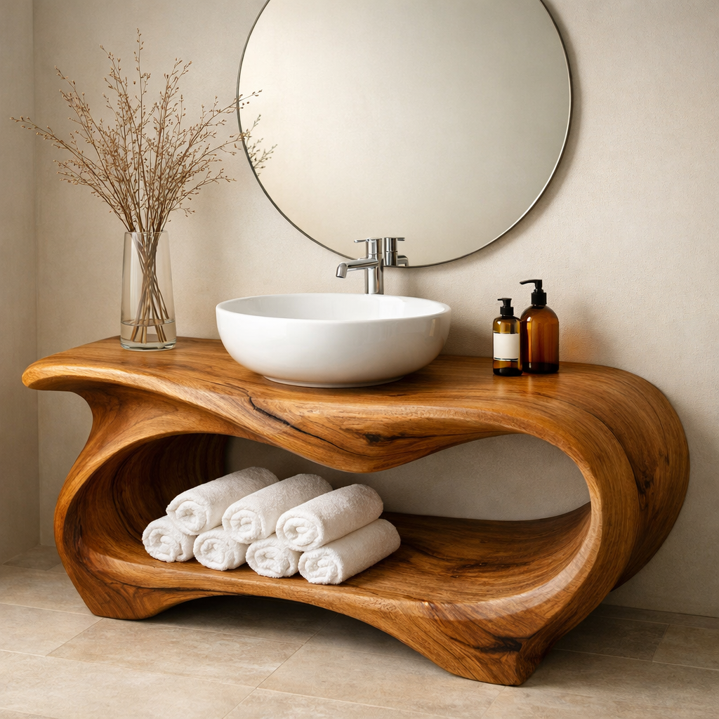Handcrafted Solid Wood Bathroom Vanity, Organic Modern Sink Console