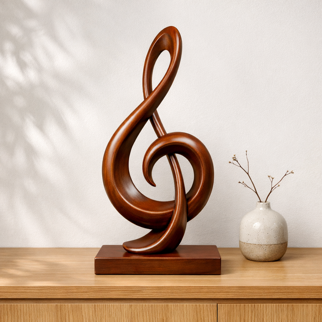 Handcrafted Solid Wood Abstract Sculpture, Modern Treble Clef Art