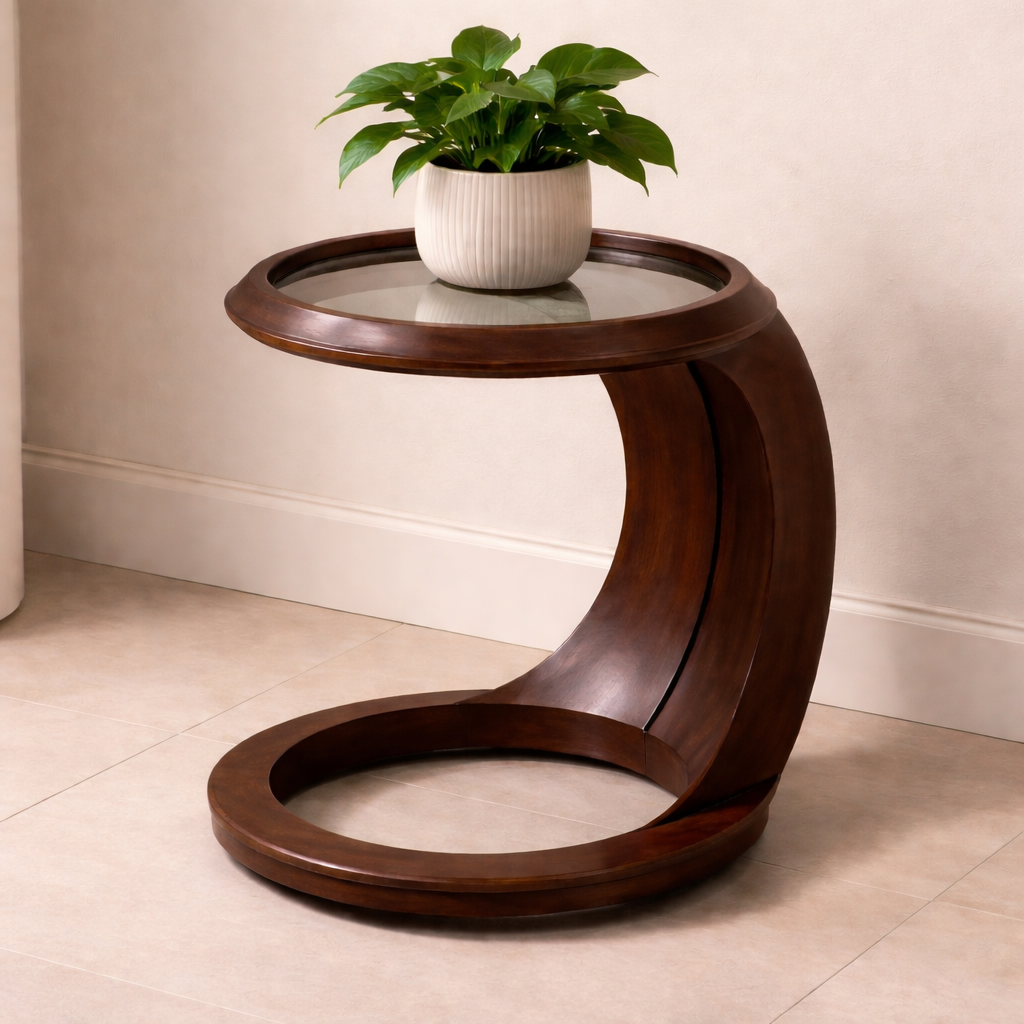 Handcrafted Solid Wood Side Table, Curved C-Shaped Glass Top Table