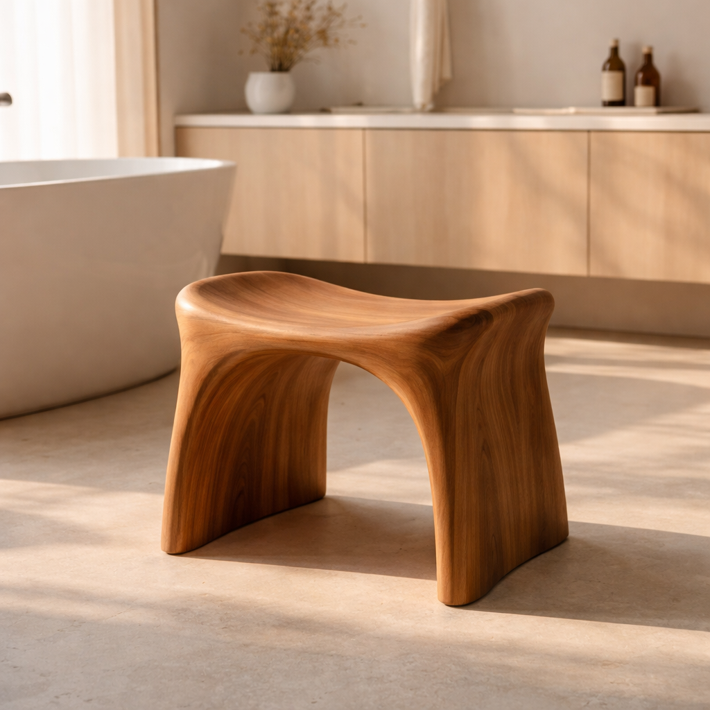 Handcrafted Solid Wood Bath Seat, Sculpted Spa Shower Stool