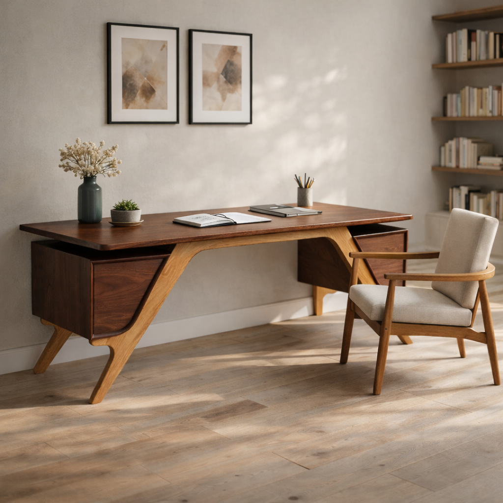 Handcrafted Solid Wood Desk, Modern Executive Writing Desk With Storage