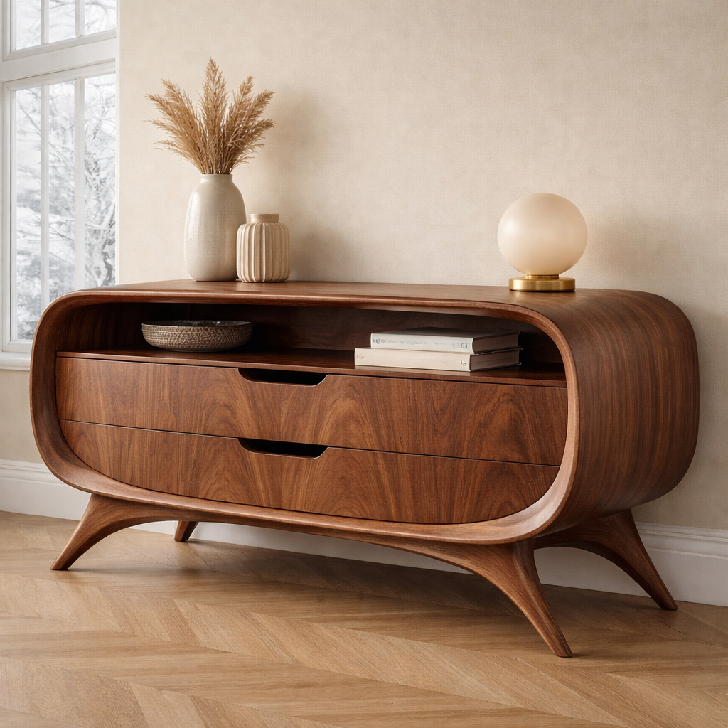 Handcrafted Solid Wood Sideboard, Mid-Century Oval Storage Cabinet