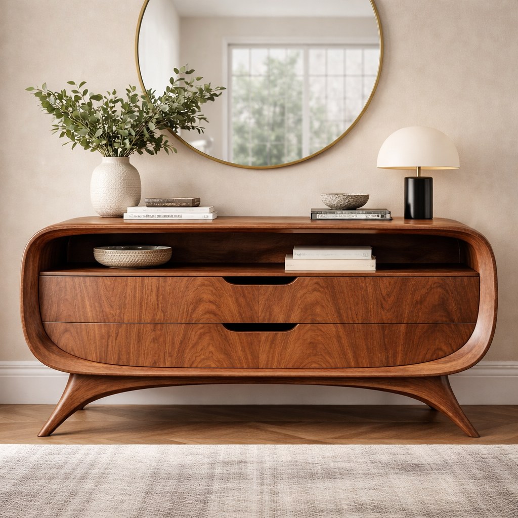 Handcrafted Solid Wood Sideboard, Mid-Century Oval Storage Cabinet