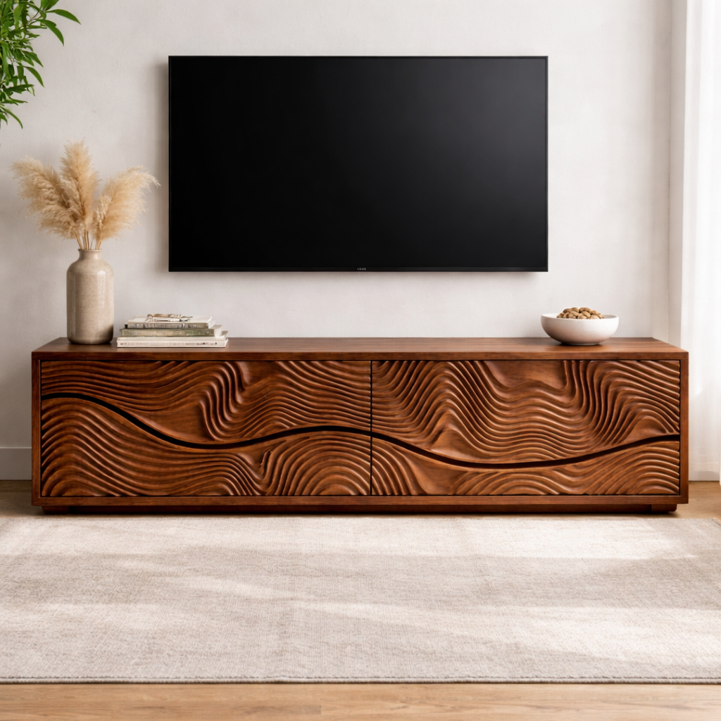 Handcrafted Solid Wood TV Stand, Organic Wave Pattern Media Console