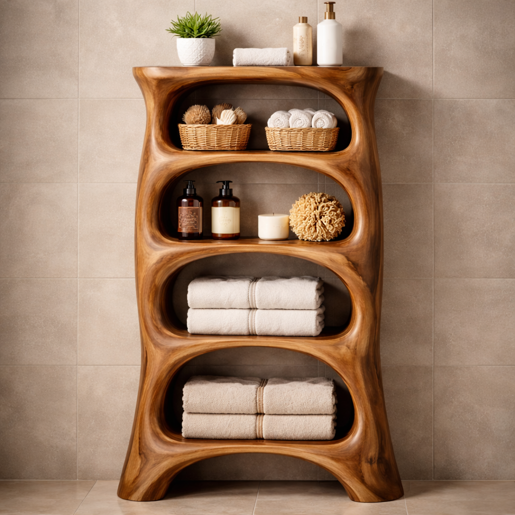 Handcrafted Solid Wood Bathroom Shelf, Organic Spa Storage Tower