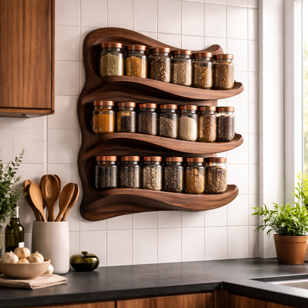 Organic Wave Spice Rack, Sculptural Wood Wall-Mounted Storage