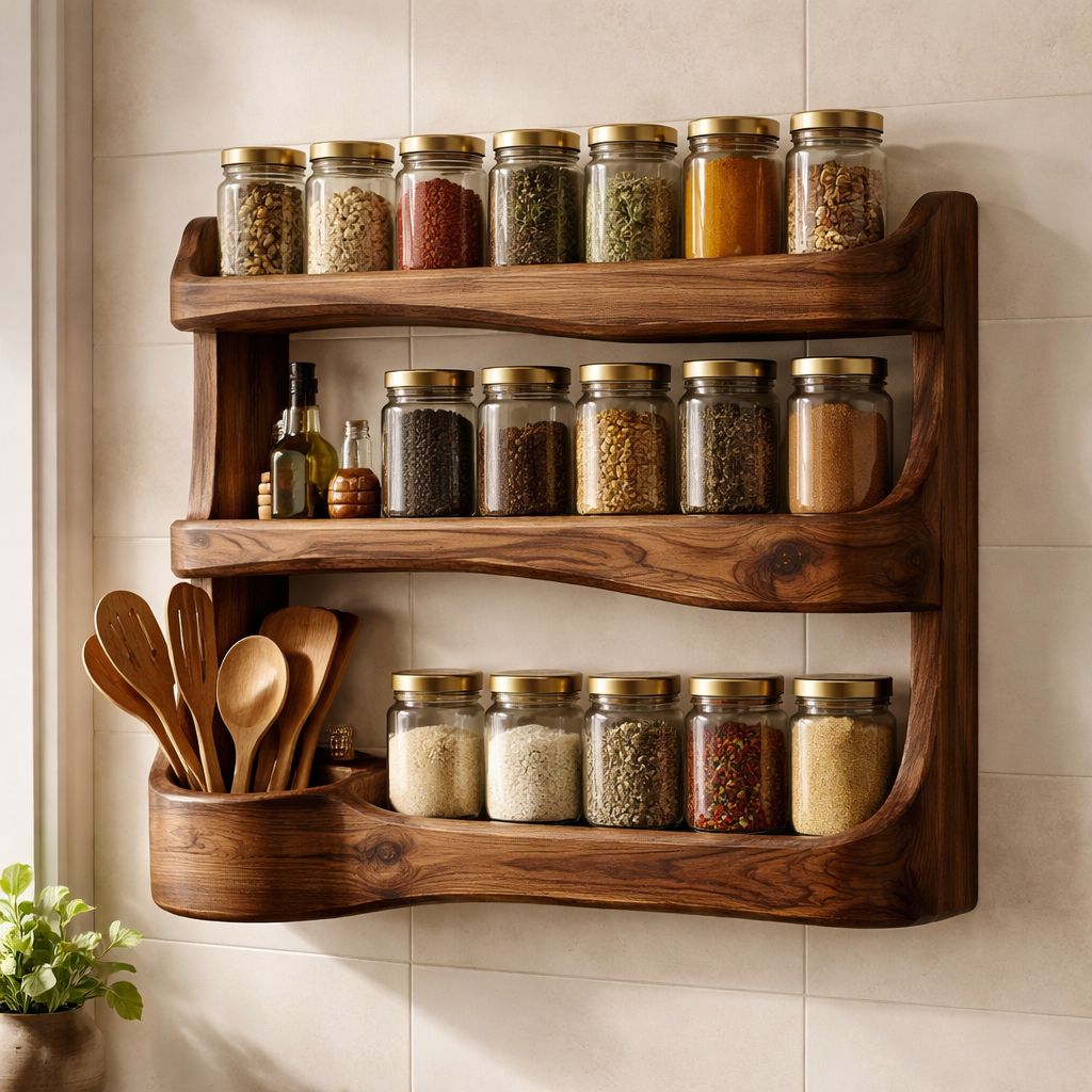 Handcrafted Solid Wood Spice Rack Shelf, Wall-Mounted Kitchen Organizer