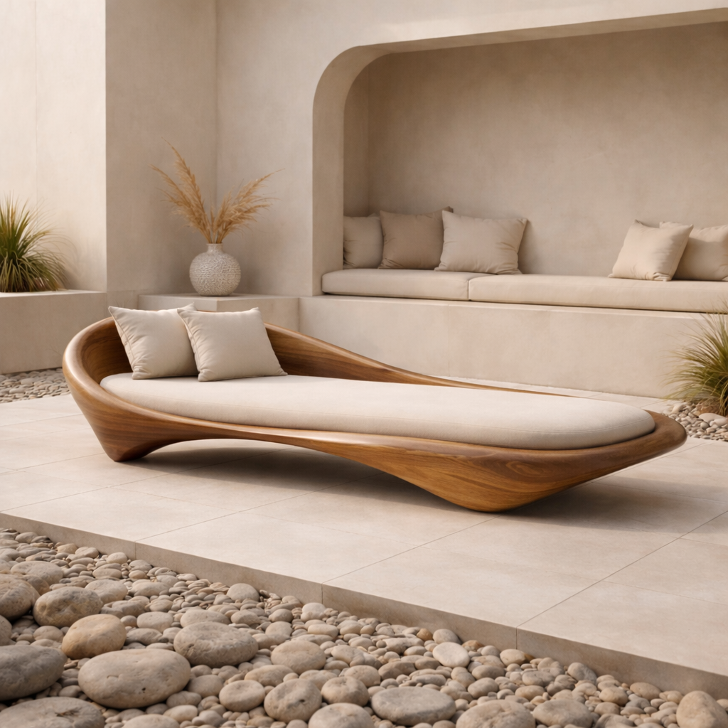 Handcrafted Solid Wood Daybed, Sculptural Outdoor Lounge Chaise