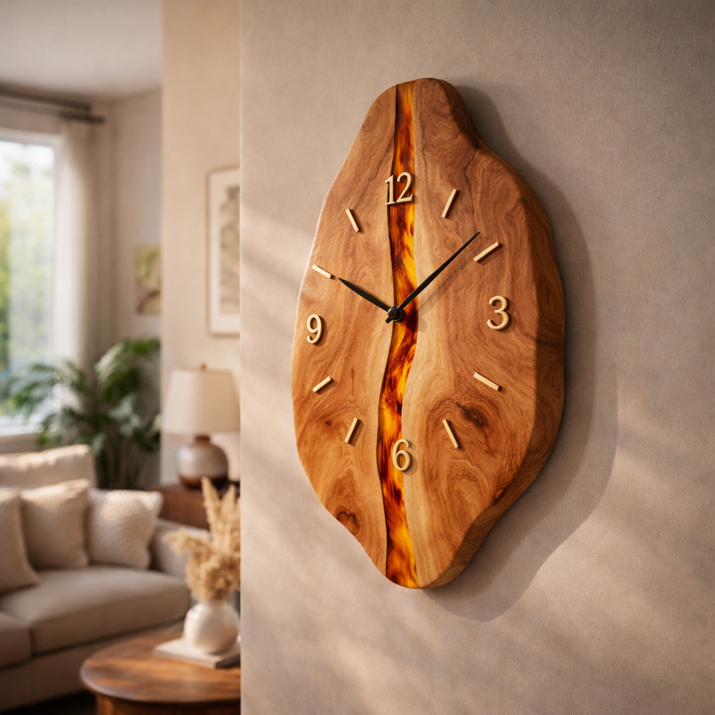 Handcrafted Solid Wood Wall Clock, Live Edge Sculptural Design