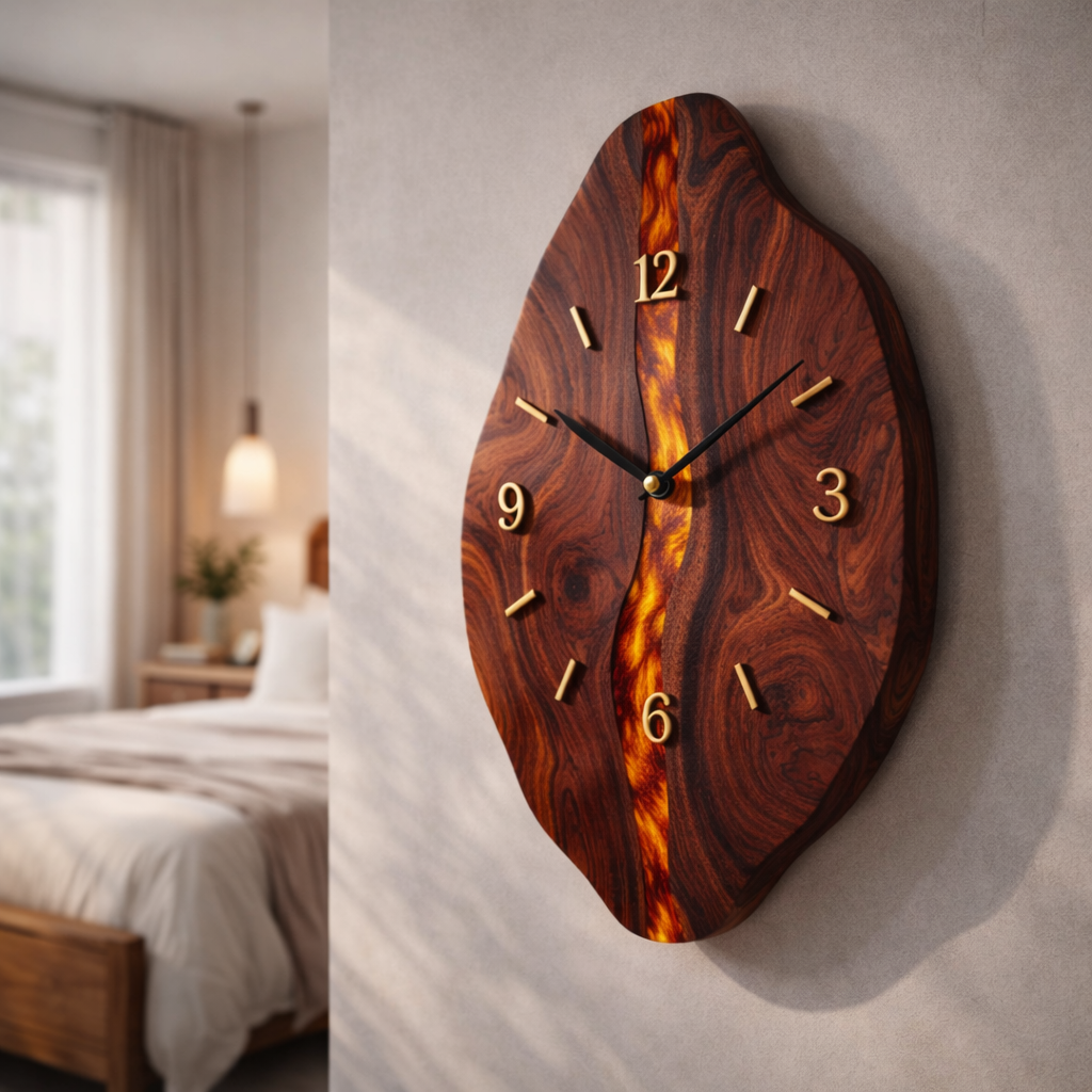 Handcrafted Solid Wood Wall Clock, Live Edge Sculptural Design