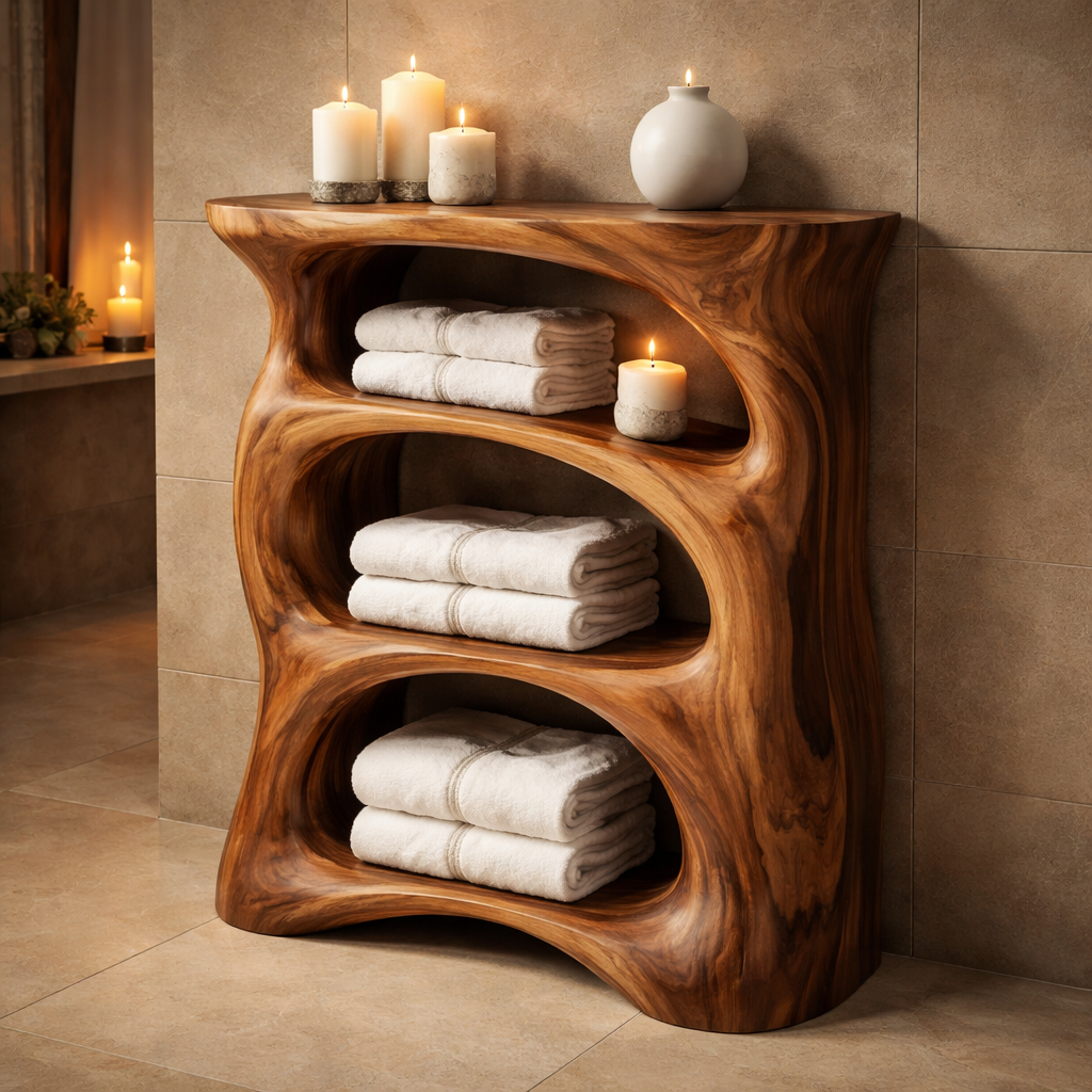 Handcrafted Solid Wood Bathroom Shelf, Organic Spa Storage Tower