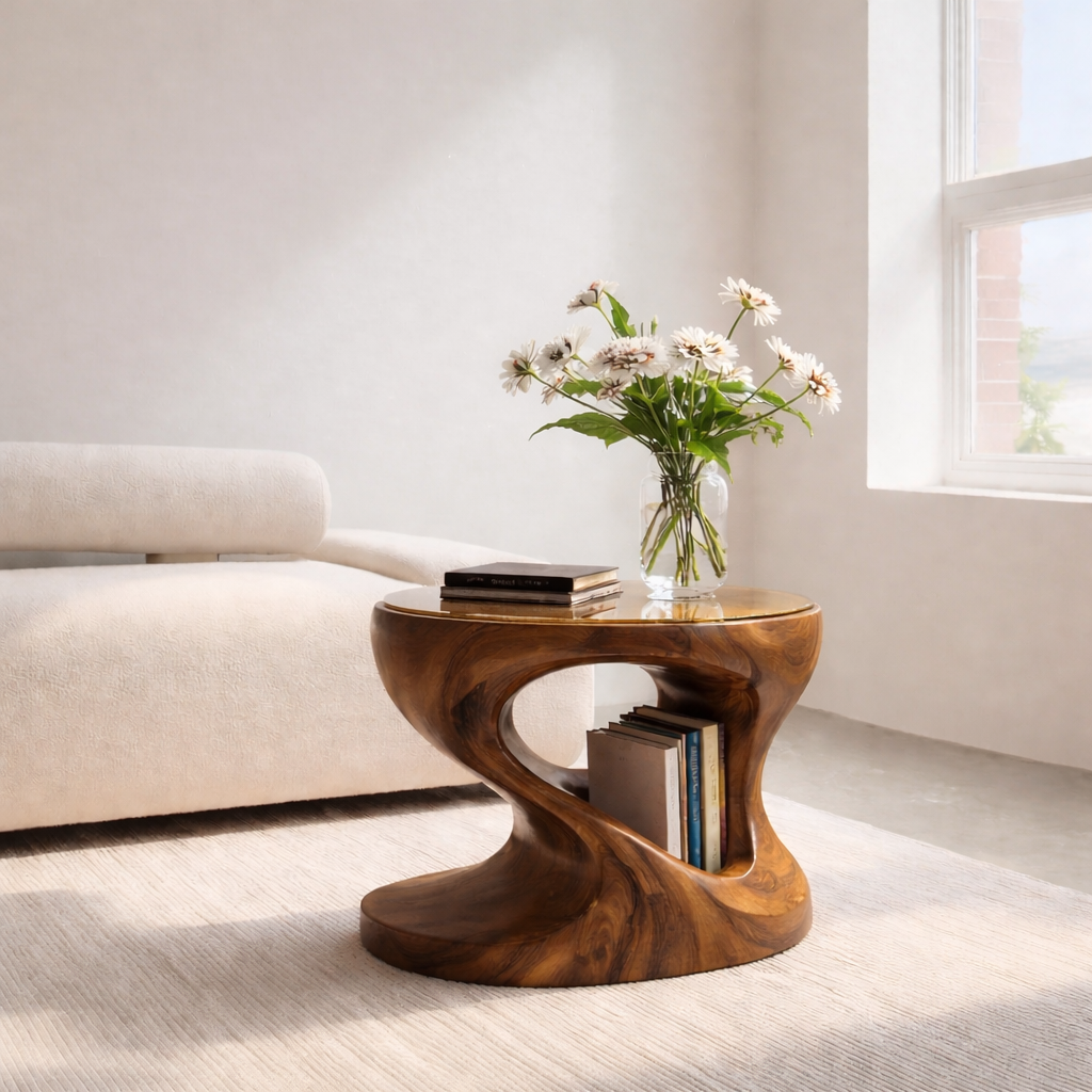 Handcrafted Solid Wood Side Table, Sculptural Organic Modern Accent