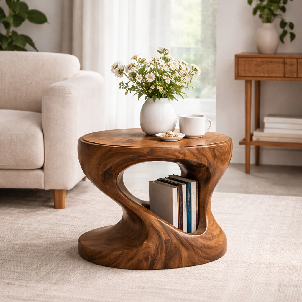 Handcrafted Solid Wood Side Table, Sculptural Organic Modern Accent
