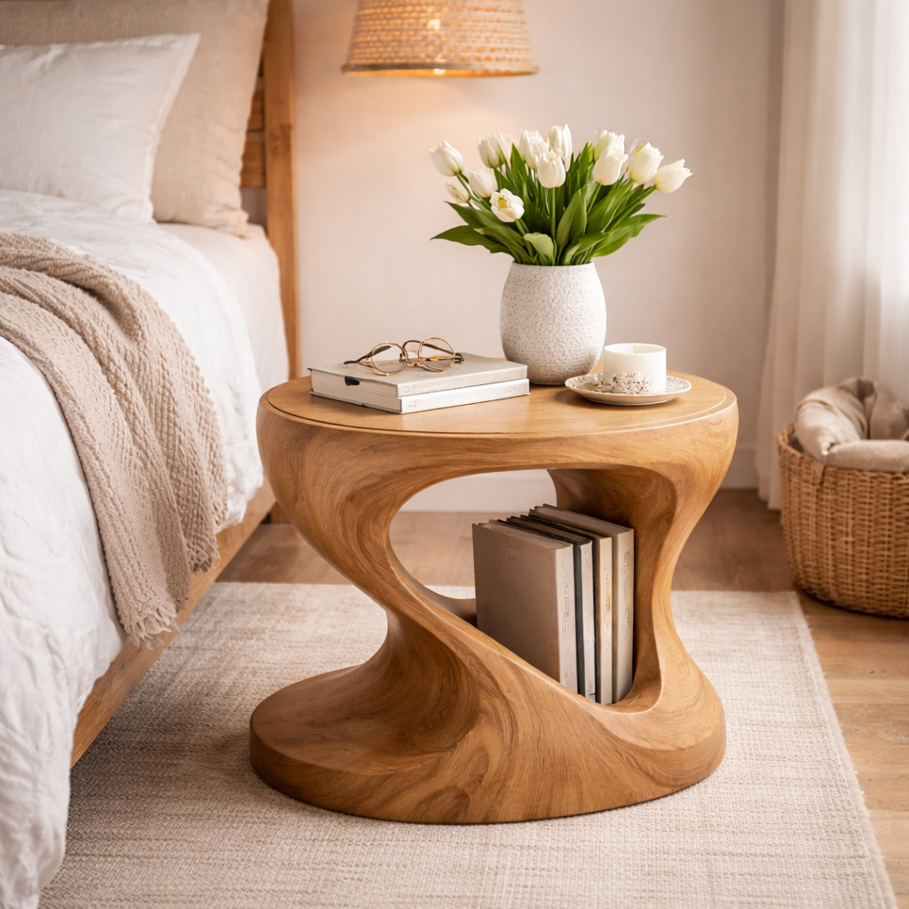 Handcrafted Solid Wood Side Table, Sculptural Organic Modern Accent