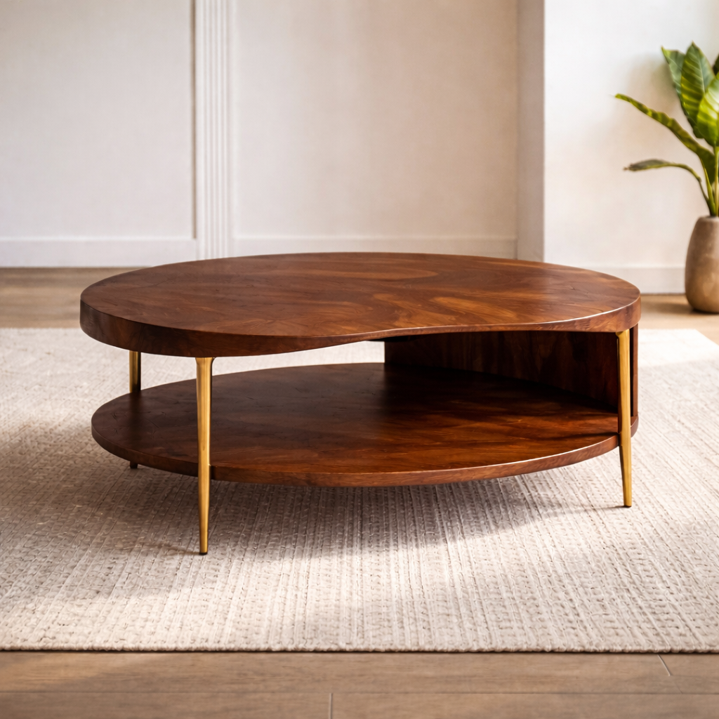 Modern Round Coffee Table with Shelf, Organic Wood & Metal Design