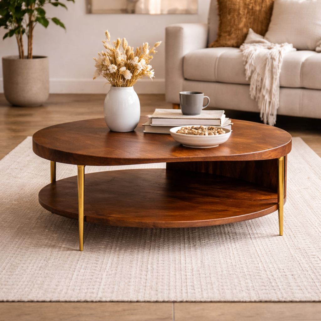 Modern Round Coffee Table with Shelf, Organic Wood & Metal Design