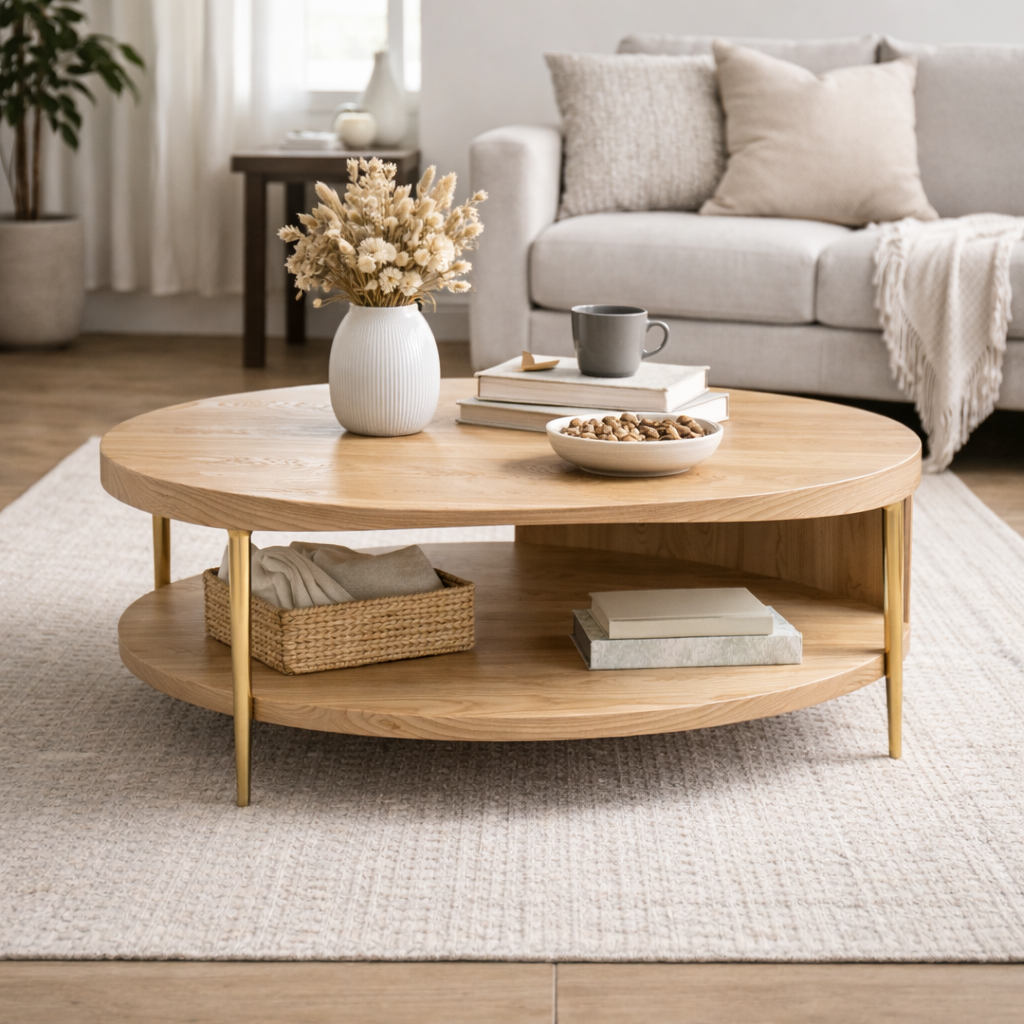 Modern Round Coffee Table with Shelf, Organic Wood & Metal Design