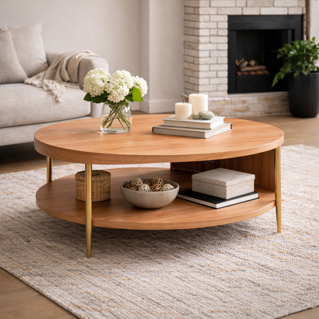 Modern Round Coffee Table with Shelf, Organic Wood & Metal Design