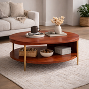 Modern Round Coffee Table with Shelf, Organic Wood & Metal Design