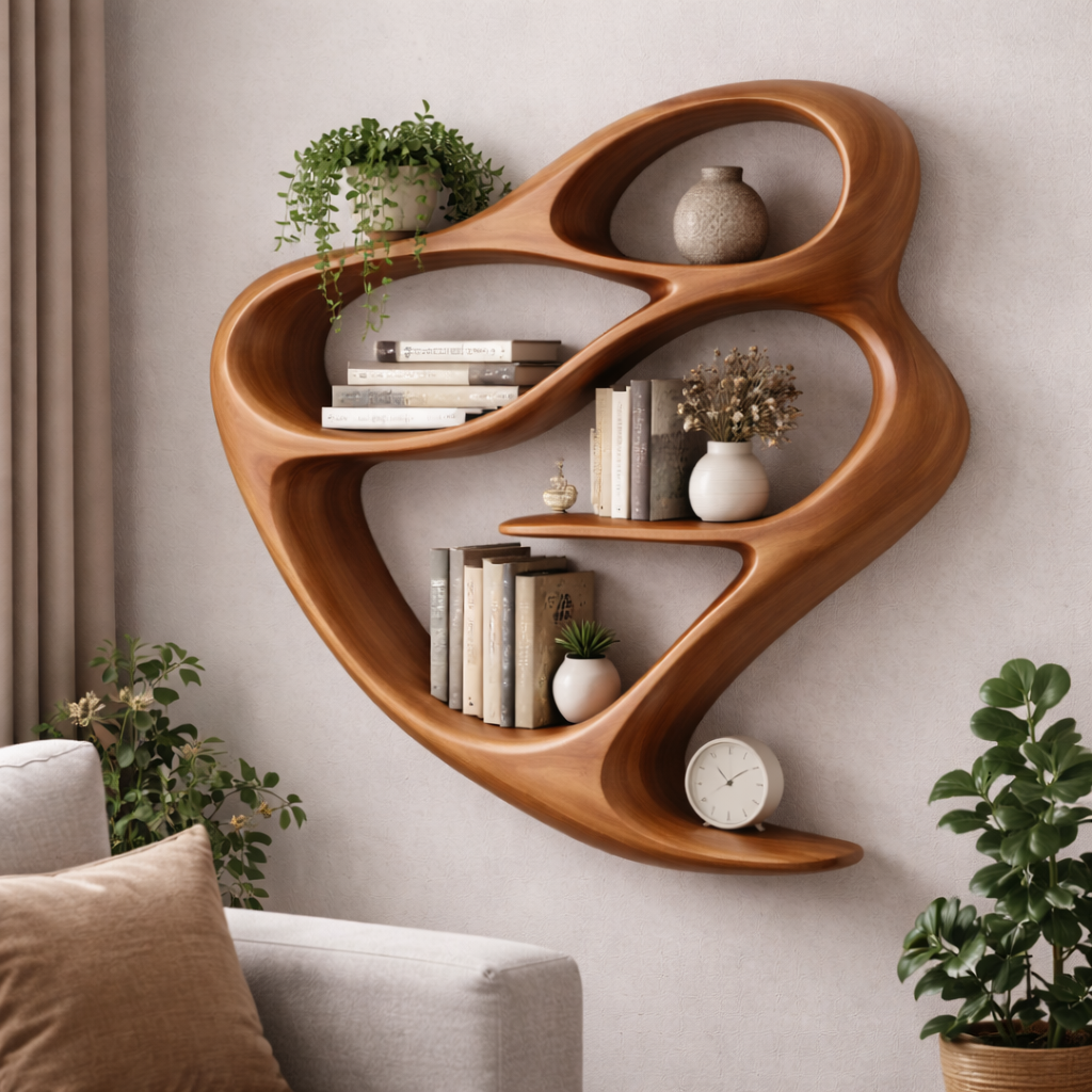 Handcrafted Solid Wood Sculptural Bookshelf, Organic Flowing Wall Shelf