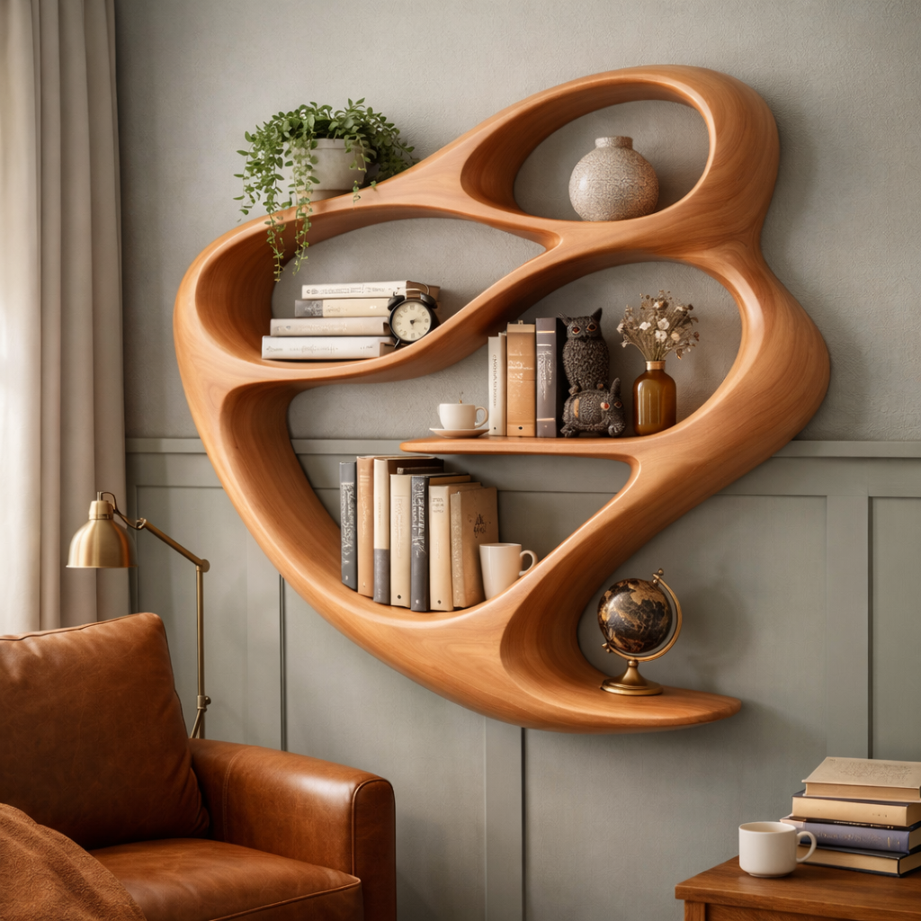 Handcrafted Solid Wood Sculptural Bookshelf, Organic Flowing Wall Shelf