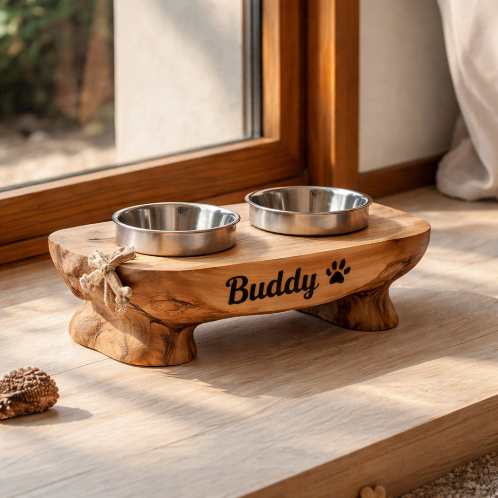 Handcrafted Solid Wood Dog Bowl Stand, Personalized Pet Feeding Station
