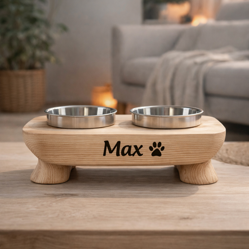 Handcrafted Solid Wood Dog Bowl Stand, Personalized Pet Feeding Station