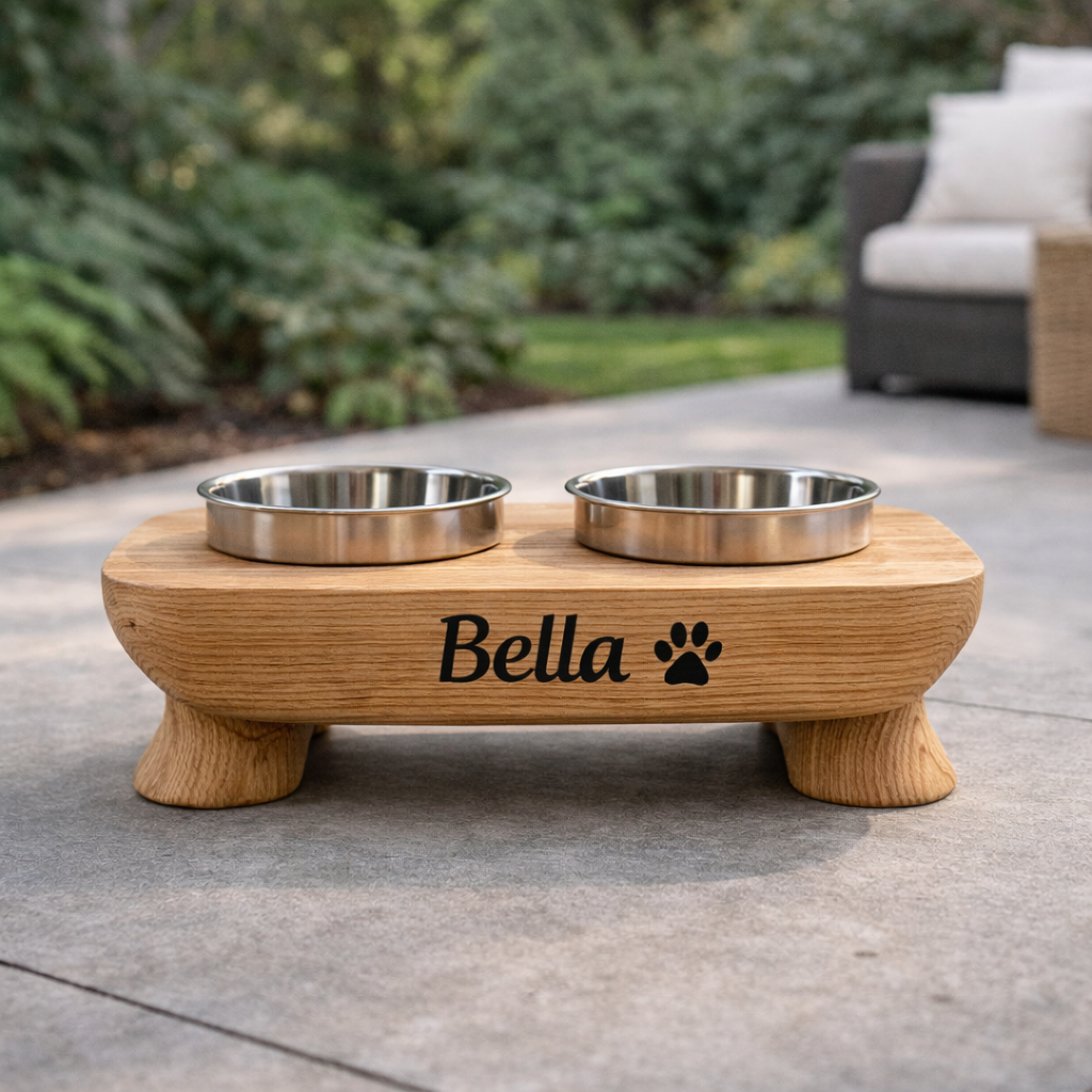Handcrafted Solid Wood Dog Bowl Stand, Personalized Pet Feeding Station