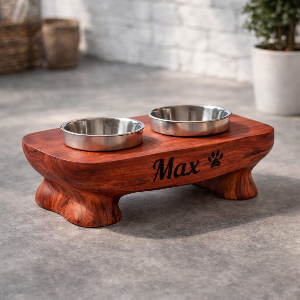 Handcrafted Solid Wood Dog Bowl Stand, Personalized Pet Feeding Station