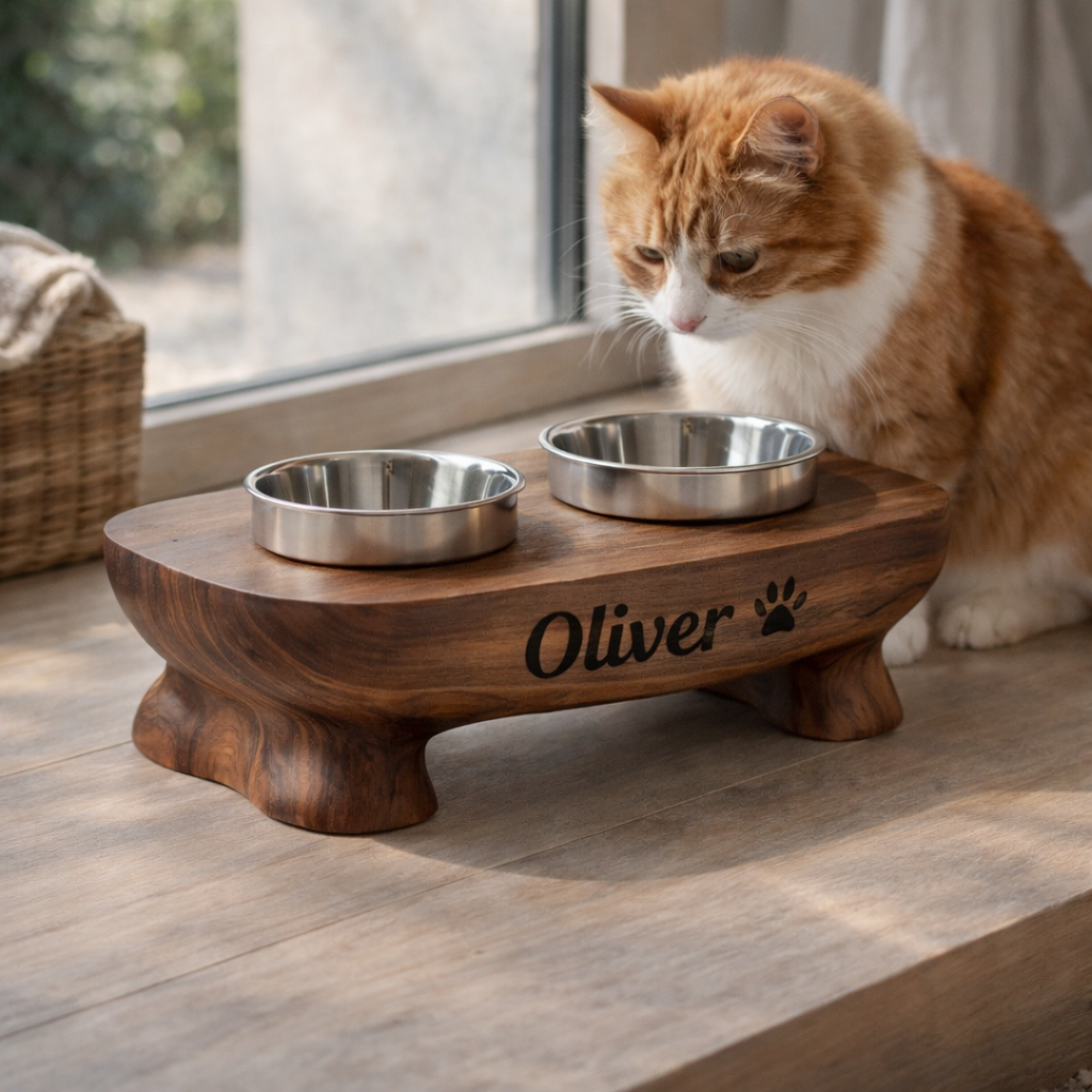 Handcrafted Solid Wood Dog Bowl Stand, Personalized Pet Feeding Station