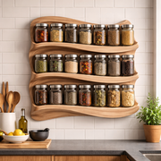 Organic Wave Spice Rack, Sculptural Wood Wall-Mounted Storage