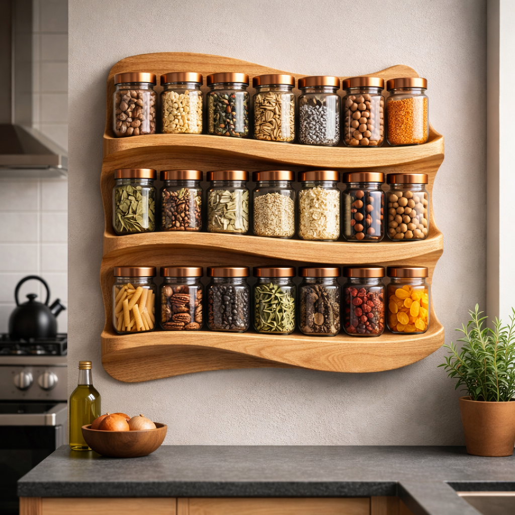 Organic Wave Spice Rack, Sculptural Wood Wall-Mounted Storage
