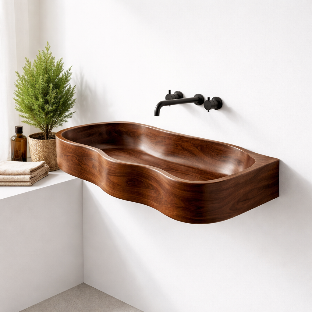 Sculptural Solid Wood Vanity Sink, Organic Modern Wall-Mounted Basin