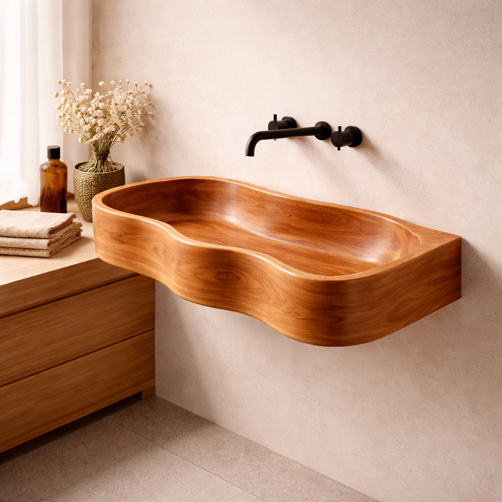 Sculptural Solid Wood Vanity Sink, Organic Modern Wall-Mounted Basin