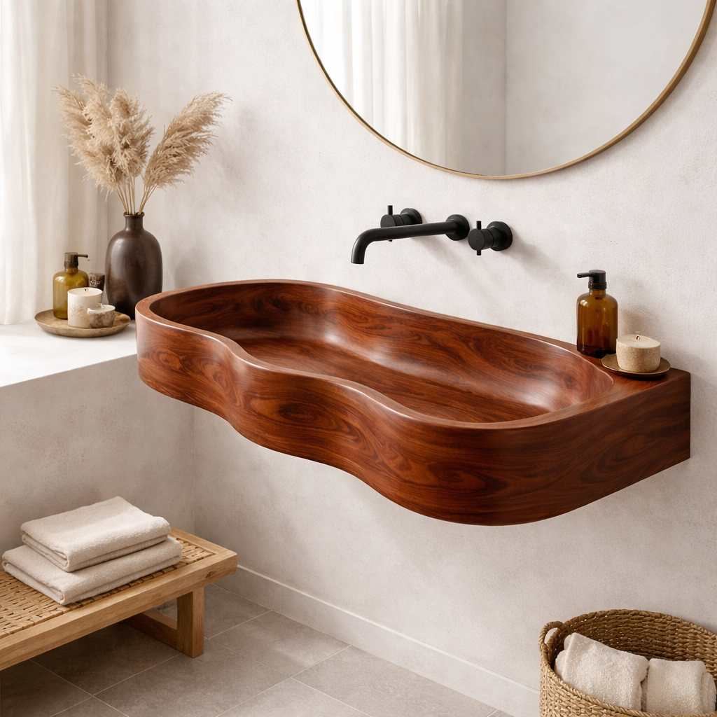 Sculptural Solid Wood Vanity Sink, Organic Modern Wall-Mounted Basin