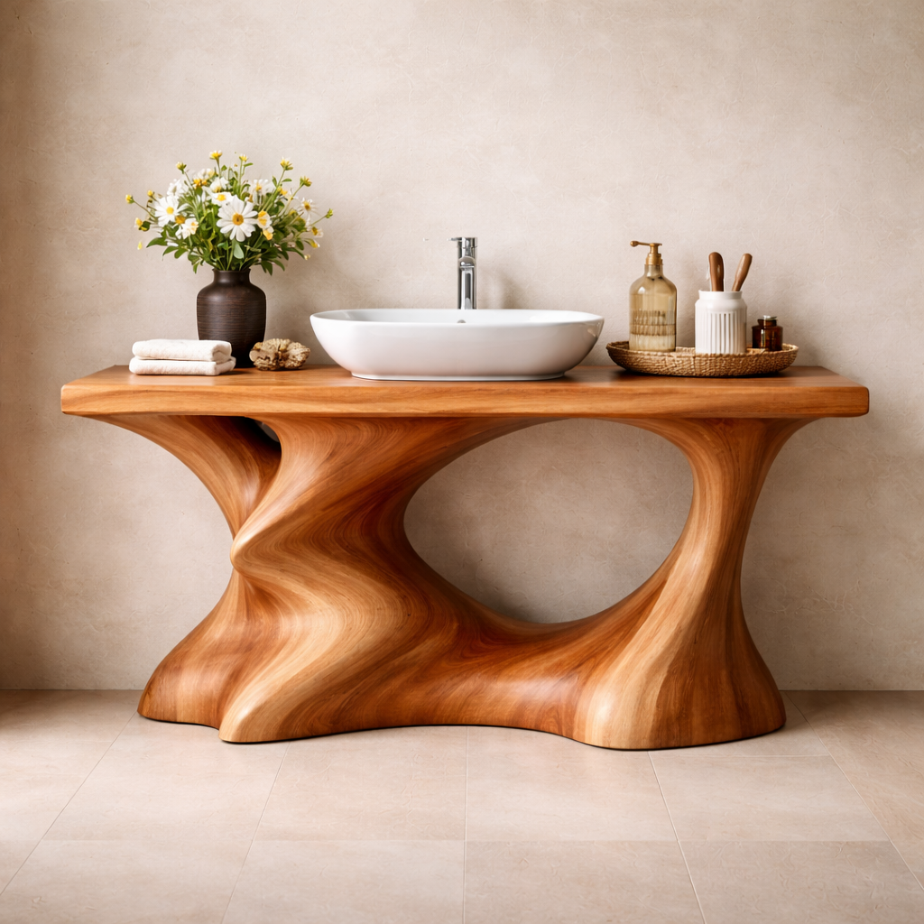 Organic Sculptural Vanity for Bathroom, Handcrafted Solid Wood Basin Stand