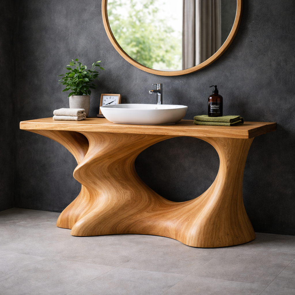 Organic Sculptural Vanity for Bathroom, Handcrafted Solid Wood Basin Stand