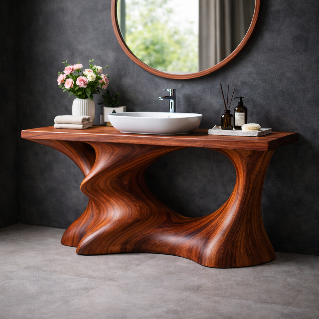 Organic Sculptural Vanity for Bathroom, Handcrafted Solid Wood Basin Stand