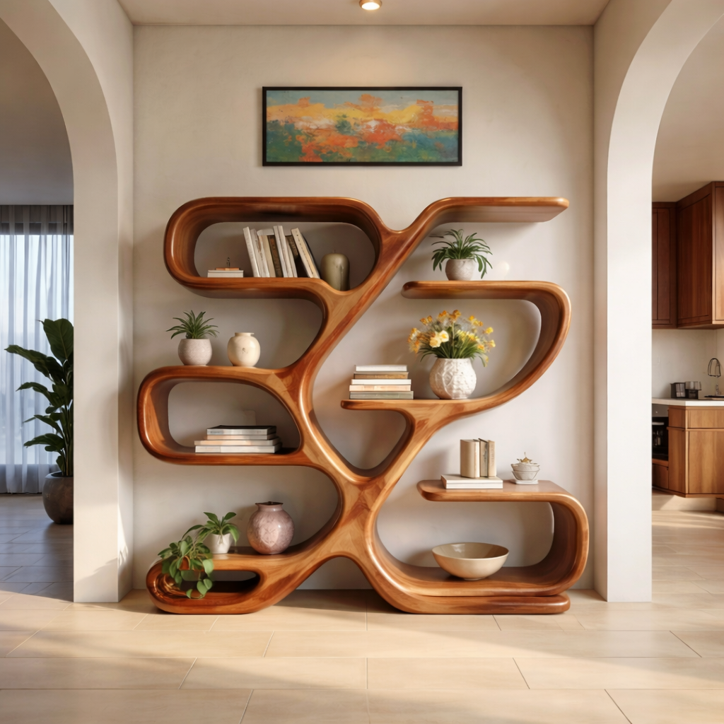 Handcrafted Solid Wood Artistic Bookshelf Display, Sculptural Wall Shelf