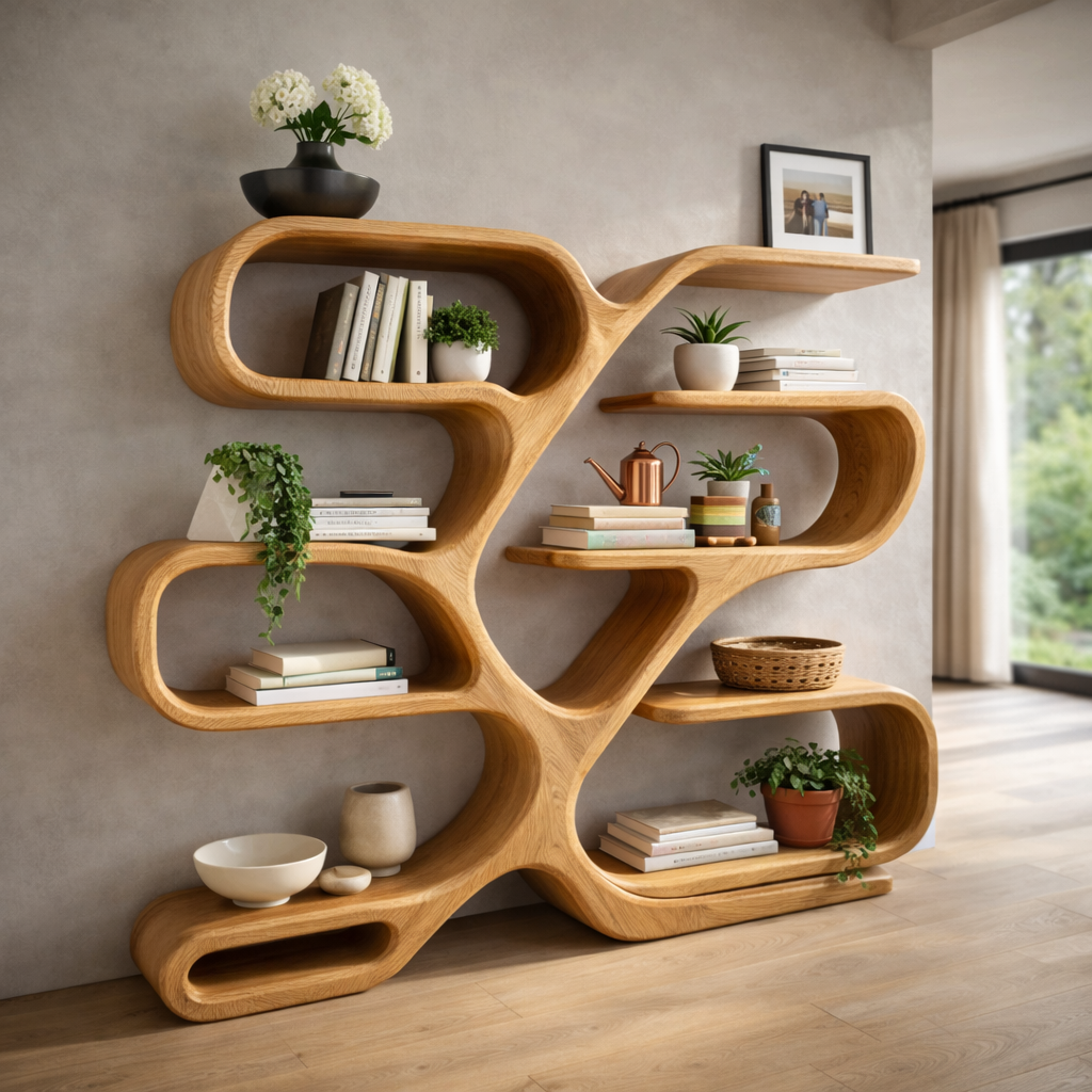 Handcrafted Solid Wood Artistic Bookshelf Display, Sculptural Wall Shelf