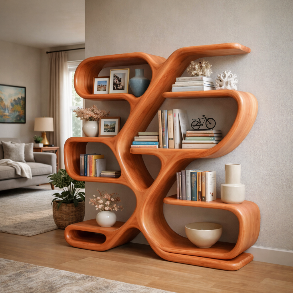 Handcrafted Solid Wood Artistic Bookshelf Display, Sculptural Wall Shelf