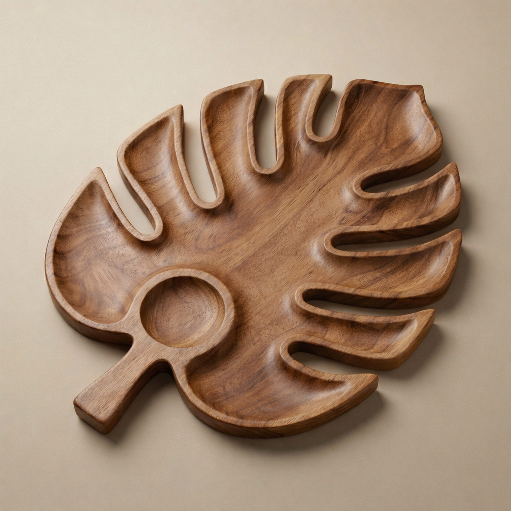 Leaf-Shaped Wooden Serving Tray With Carved Compartments