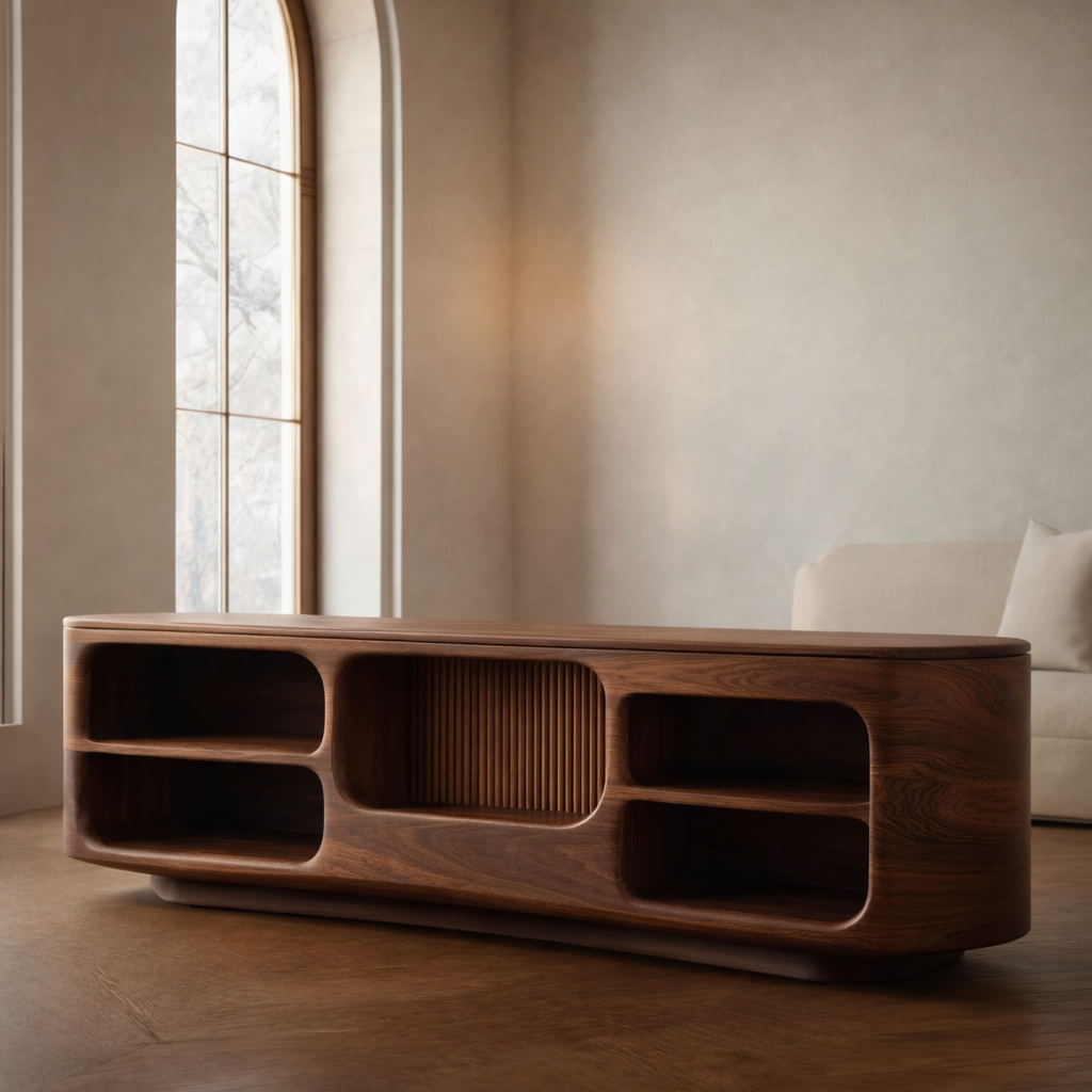 Modern Curved Wood Sideboard With Slatted Center Door & Open Shelves