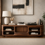 Modern Curved Wood Sideboard With Slatted Center Door & Open Shelves