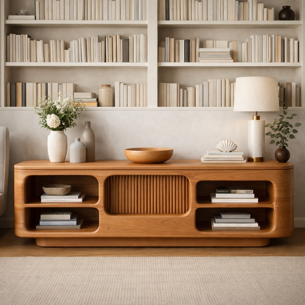 Modern Curved Wood Sideboard With Slatted Center Door & Open Shelves