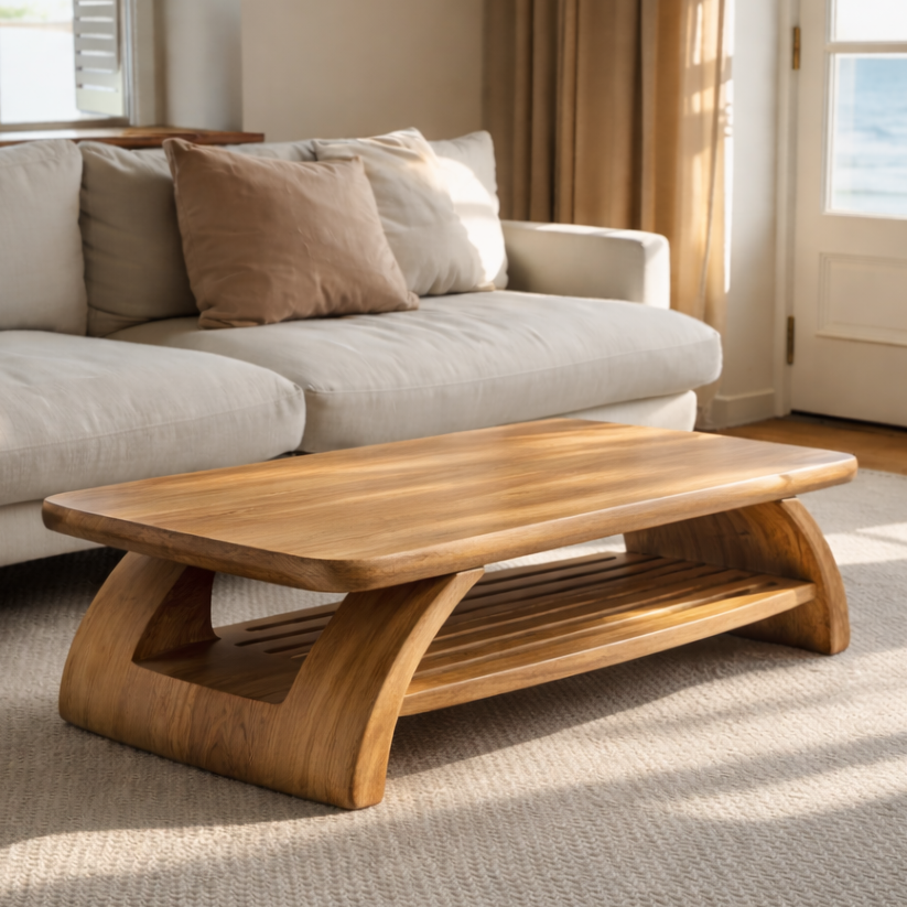 Wooden coffee table in front of a beige sofa with pillows in a living room.