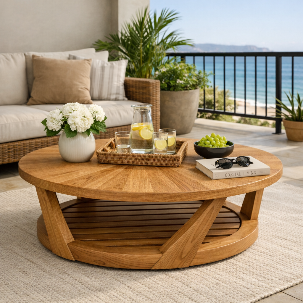 Round Solid Wood Coffee Table With Slatted Lower Shelf