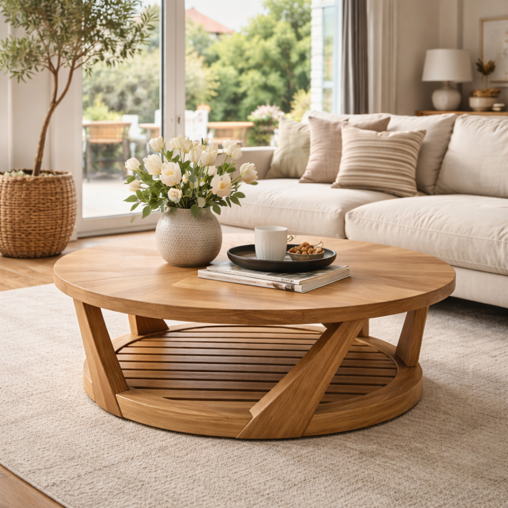 Round Solid Wood Coffee Table With Slatted Lower Shelf