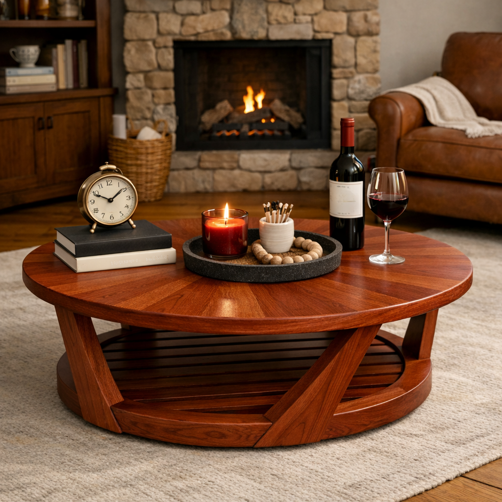 Round Solid Wood Coffee Table With Slatted Lower Shelf