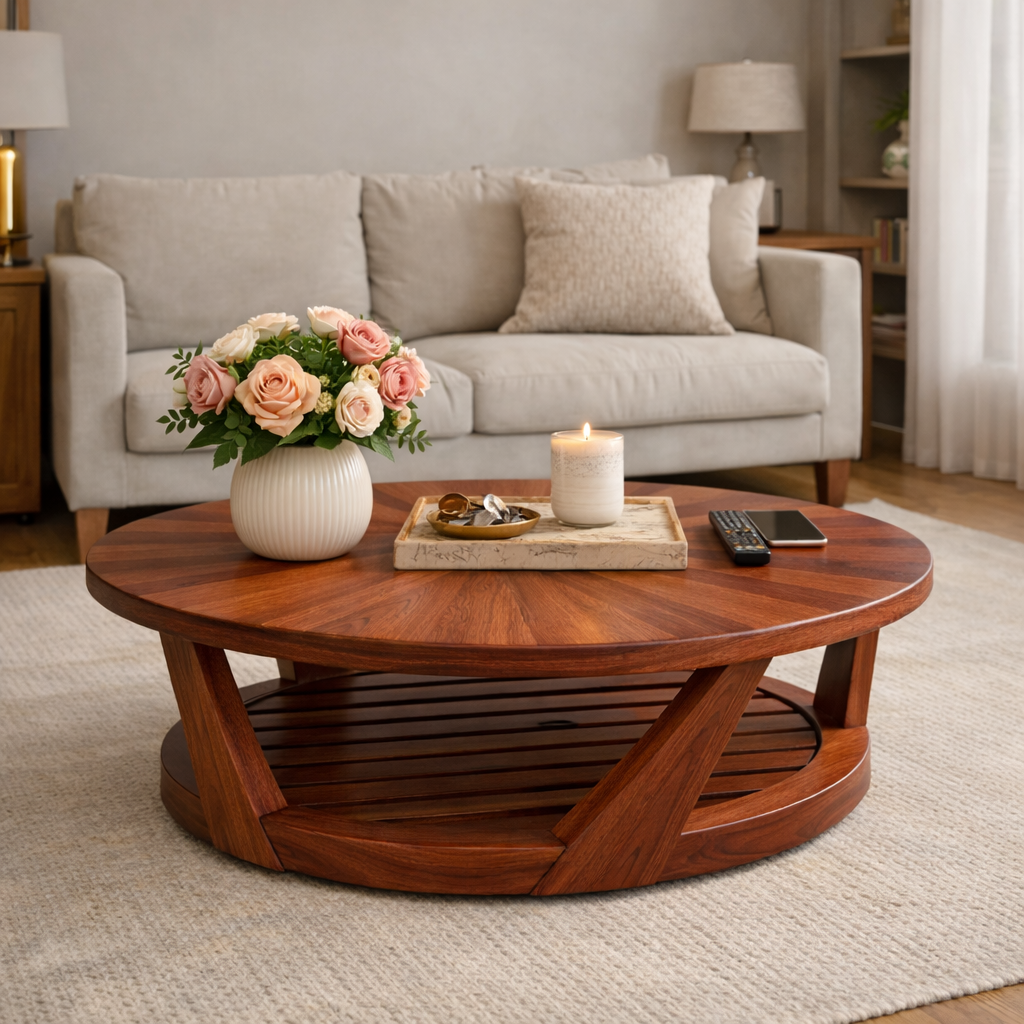 Round Solid Wood Coffee Table With Slatted Lower Shelf